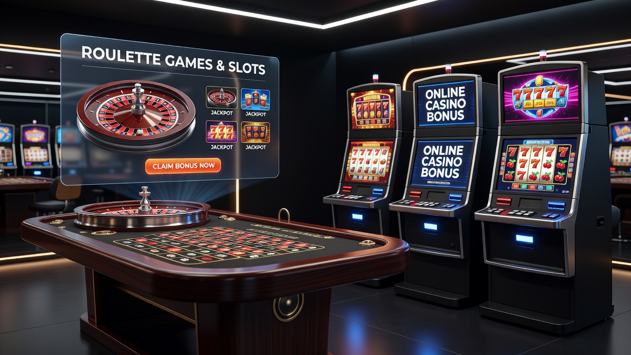 Close-up of digital slot interface next to live roulette wheel with bonus indicators