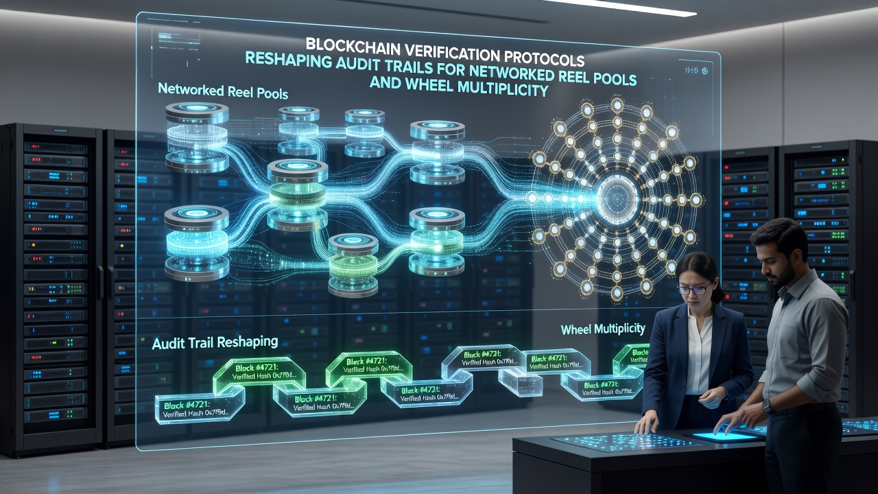 Audit trail visualization showing blockchain blocks linking reel pool contributions to wheel multiplier events
