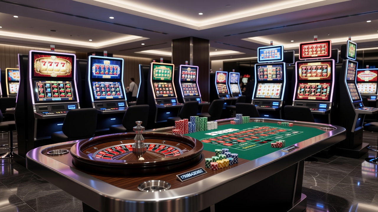 Close-up view of a roulette wheel and adjacent slot machine interface highlighting randomization components