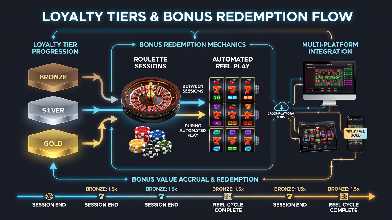 Player interface displaying synchronized loyalty points moving from roulette to reel games across state lines