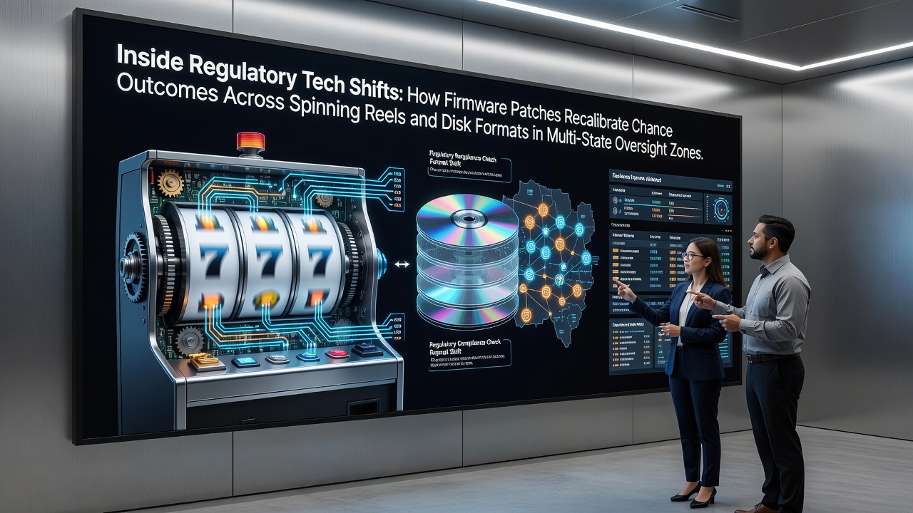 Regulatory technicians examining firmware updates on spinning reel slot machines and disk-based gaming devices in a controlled testing environment
