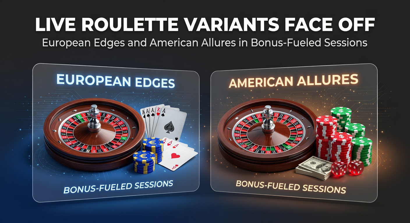 Split-screen comparison of American double-zero roulette wheel versus European single-zero, with live chat overlay and bonus meter ticking up