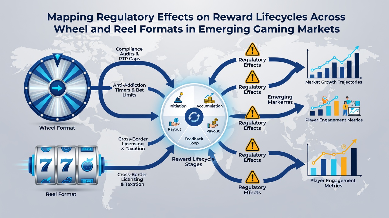Infographic showing reward lifecycle stages mapped across regulatory zones for gaming formats