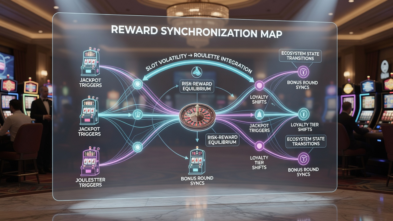 Network diagram illustrating data flows between slot volatility engines and roulette outcome processors in synchronized reward systems