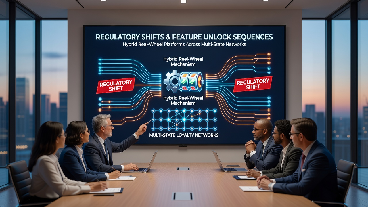 Hybrid reel-wheel casino platform interface showing regulatory compliance indicators on feature unlock sequences