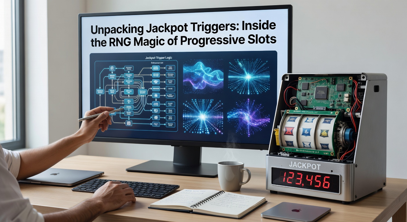 Close-up of slot machine internals highlighting RNG processor chips and progressive jackpot linkage diagrams